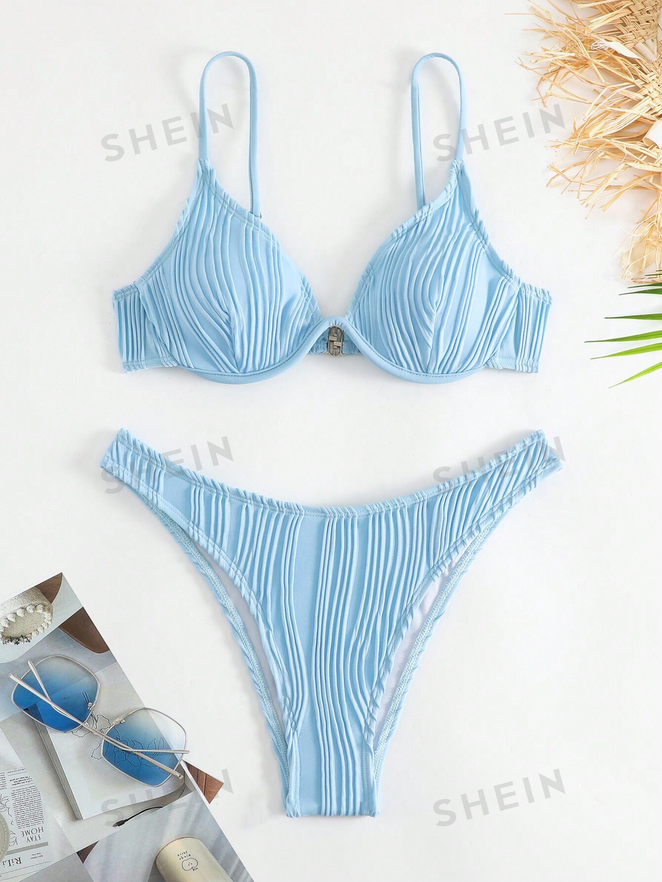 SHEIN Swim Basics Однотонный текстурированный раздельный купальник на косточках, голубые новинка 2021 соблазнительное бикини однотонный женский купальник комплект бикини пуш ап бразильский купальник летняя пляжная одежда куп