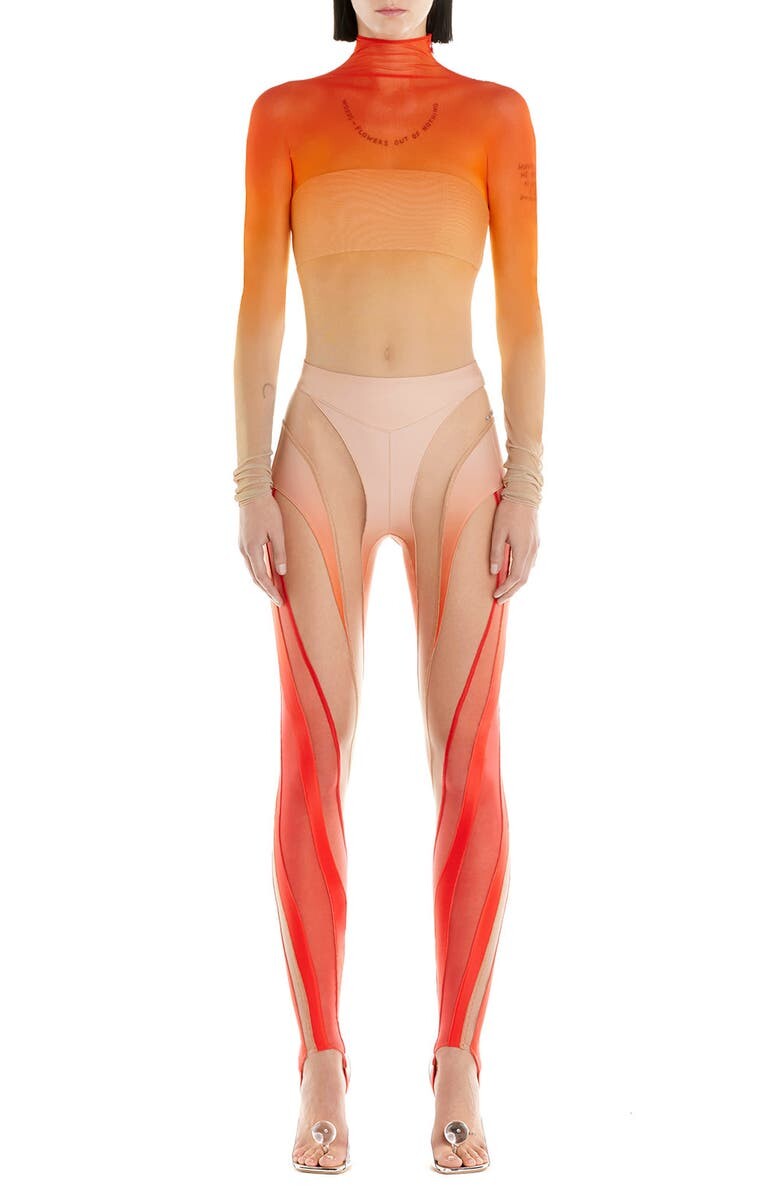 

Топ с воротником из прозрачной сетки Dégradé MUGLER, бежевый/красный