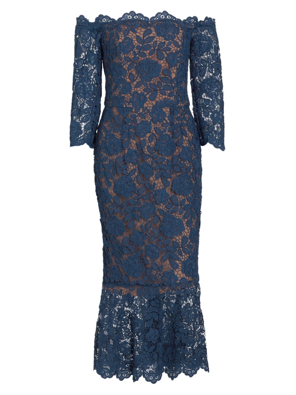 

Кружевное платье-миди с открытыми плечами Marchesa Notte, синий