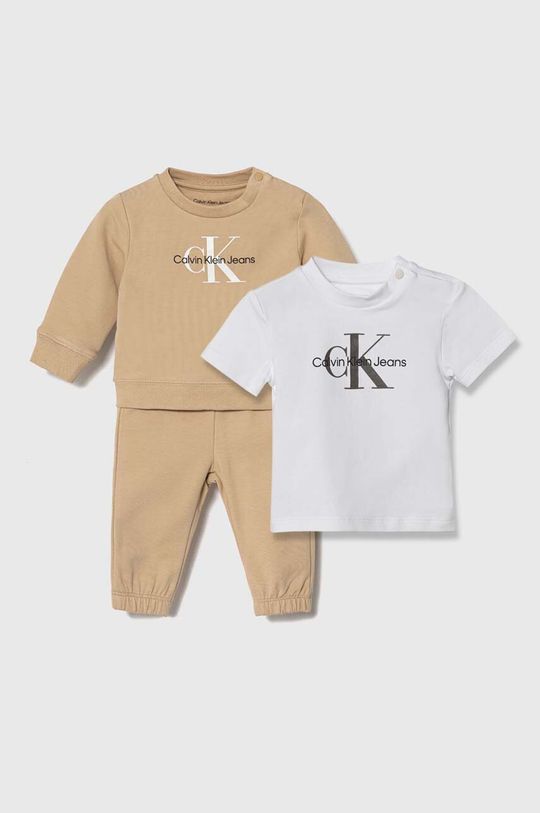 Хлопковый костюм для новорожденных Calvin Klein Jeans, бежевый
