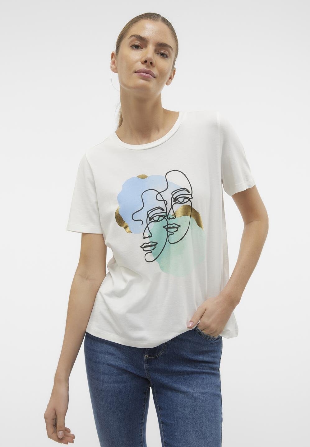 

Футболка с принтом IFACEY O NECK Vero Moda, цвет snow white/blue