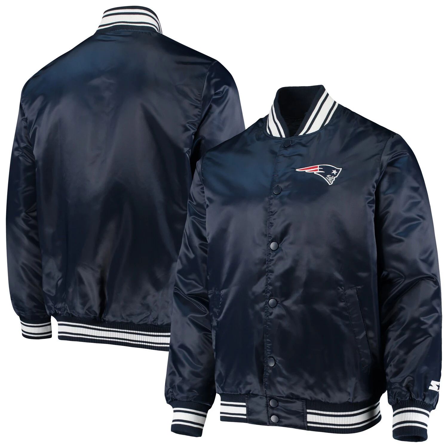 цена Мужская темно-синяя атласная университетская куртка на кнопках для раздевалки New England Patriots Starter