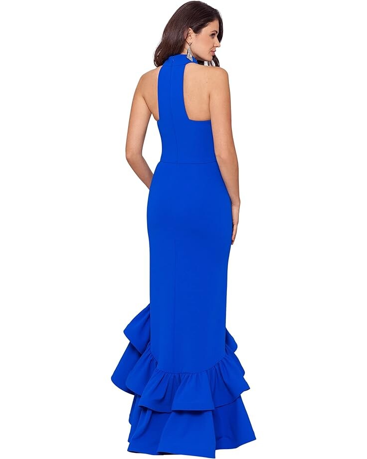 

Платье Betsy & Adam Mock Neck Crepe Gown w/ Tiered Ruffles, цвет New Cobalt