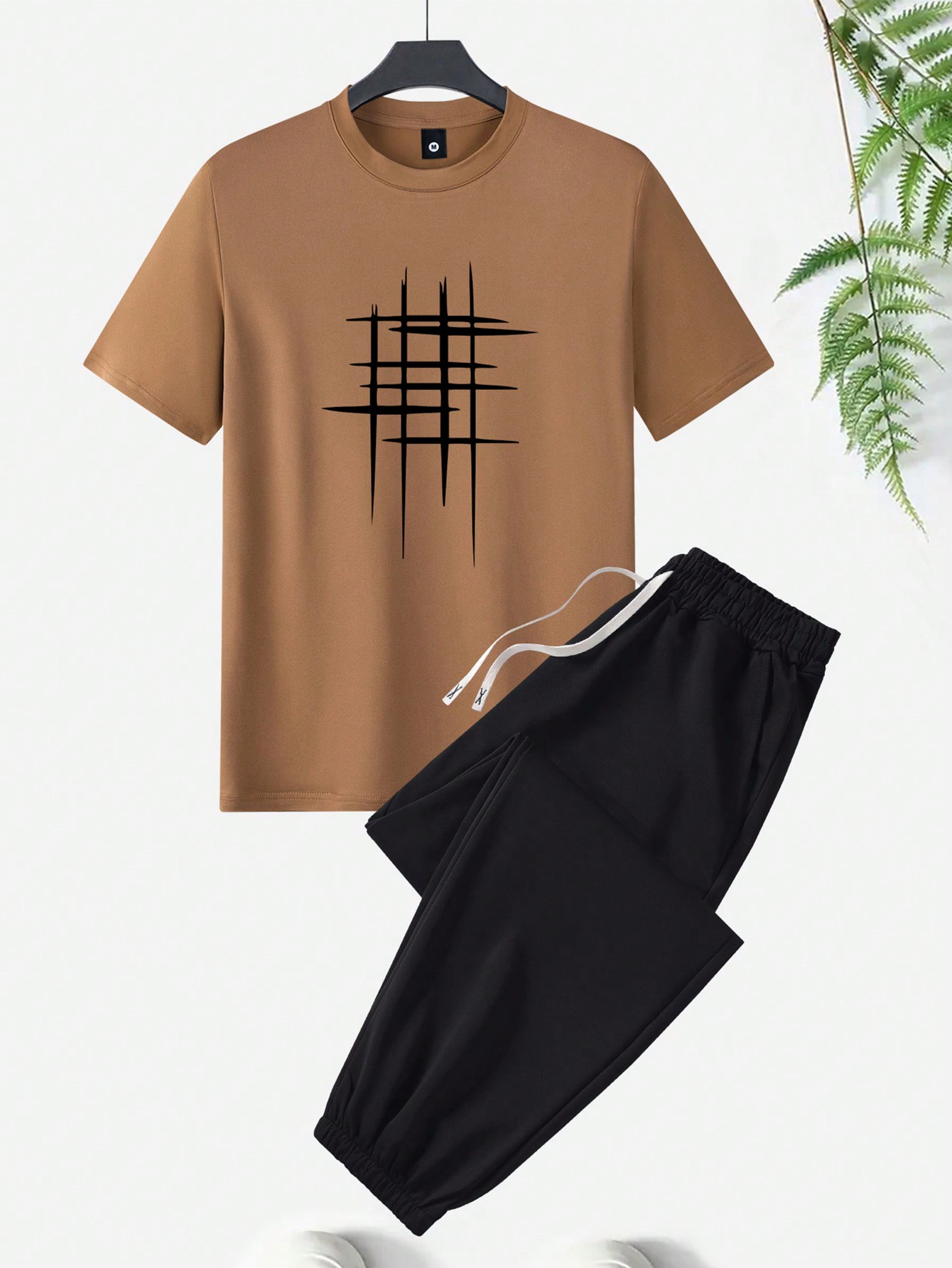 Мужская футболка стандартного кроя с короткими рукавами и брюки с геометрическим принтом, кофейный коричневый