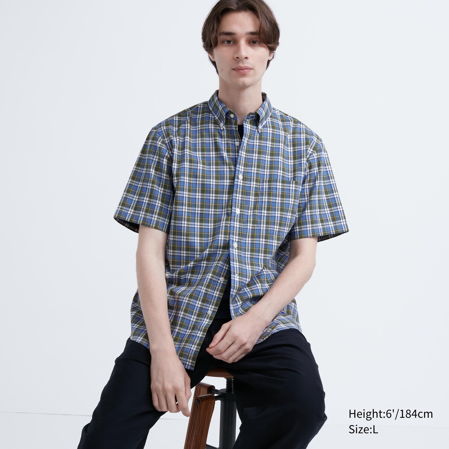 

Рубашка UNIQLO в клетку из тонкого хлопка с короткими рукавами, оливковый