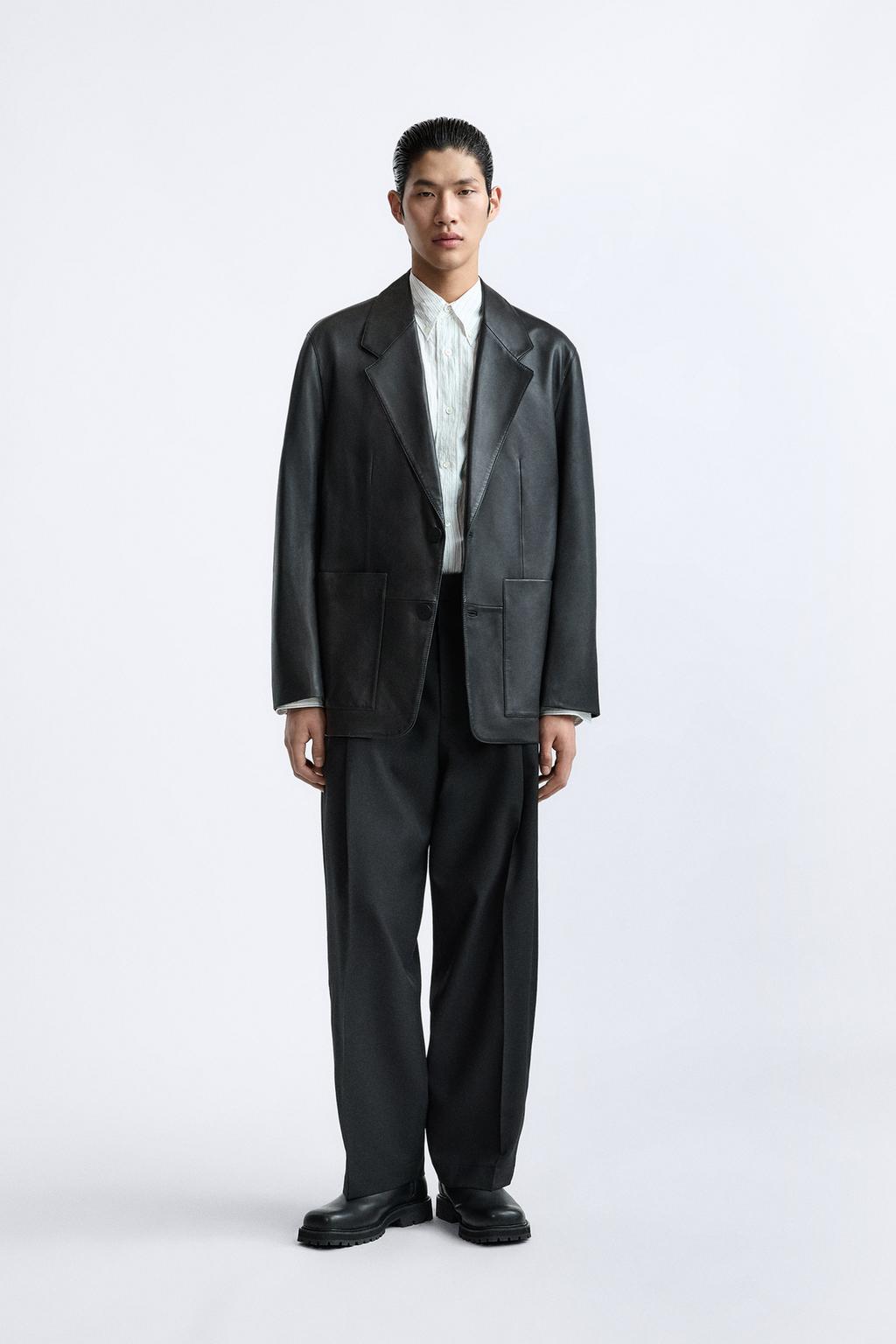 Кожаный пиджак x studio nicholson ZARA, антрацитовый серый пиджак zara классический 44 размер