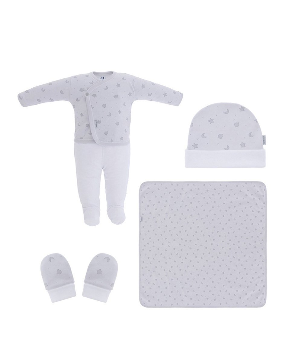Детский комплект из 5 предметов: первая одежда, серый принт Cambrass, серый комплект нательный для новорожденного из 5 предметов