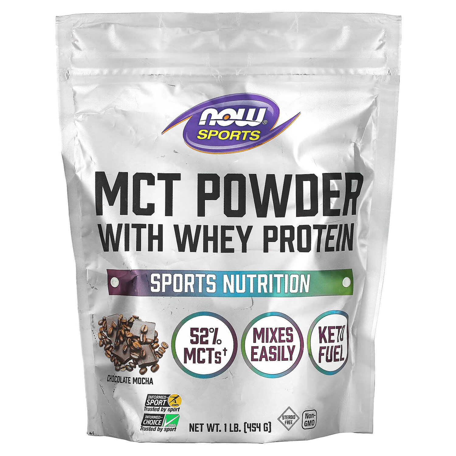 

Sports, порошок MCT с сывороточным протеином, шоколадный мокко, 454 г (1 фунт), NOW Foods