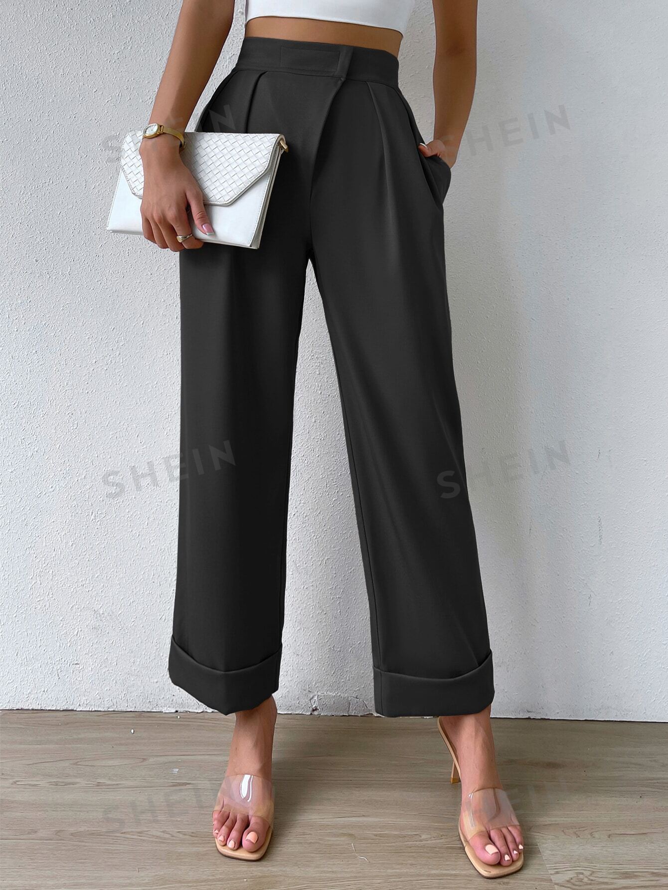 SHEIN Privé: женские длинные брюки со складками и карманами, черный