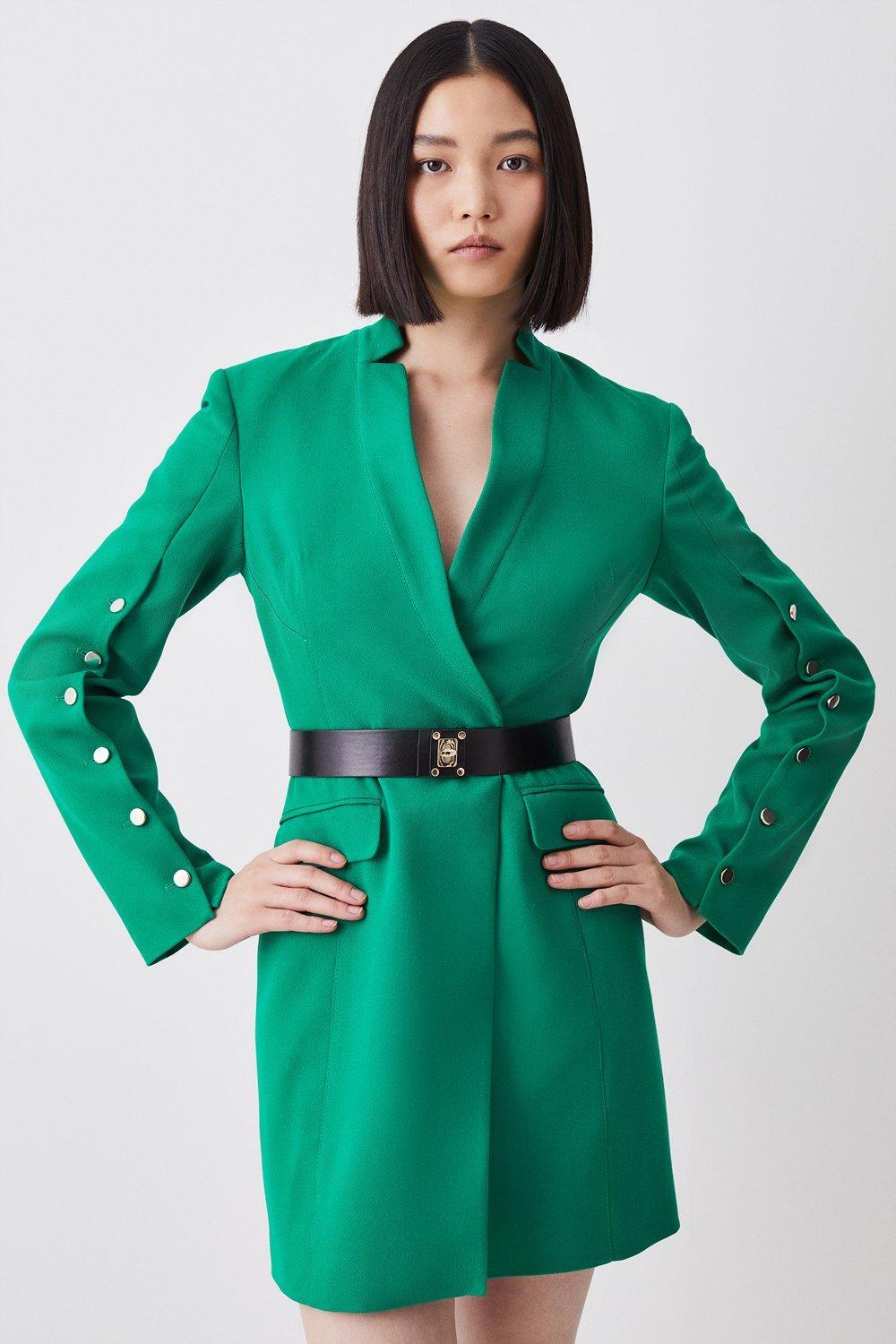Мини-платье-пиджак из структурированного крепа с поясом Karen Millen, зеленый цена и фото