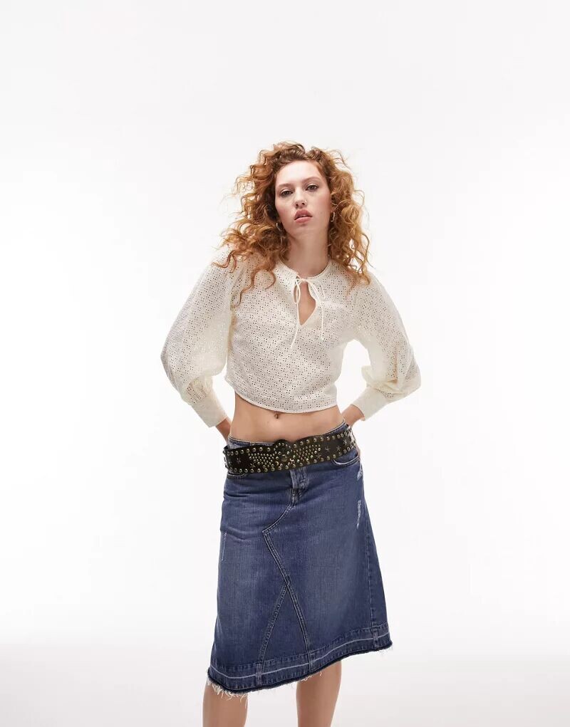

Топ с длинными рукавами Topshop Broderie Anglaise цвета слоновой кости