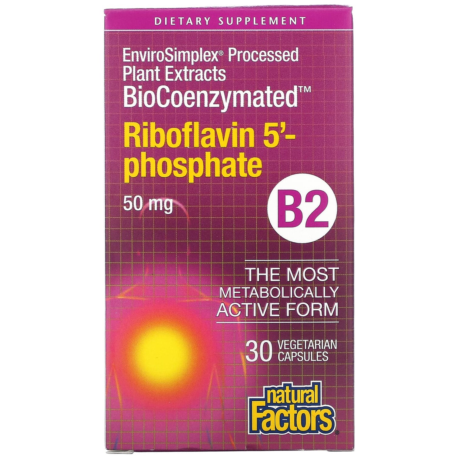 

BioCoenzymated, B2, рибофлавин 5'-фосфат, 50 мг, 30 вегетарианских капсул, Natural Factors
