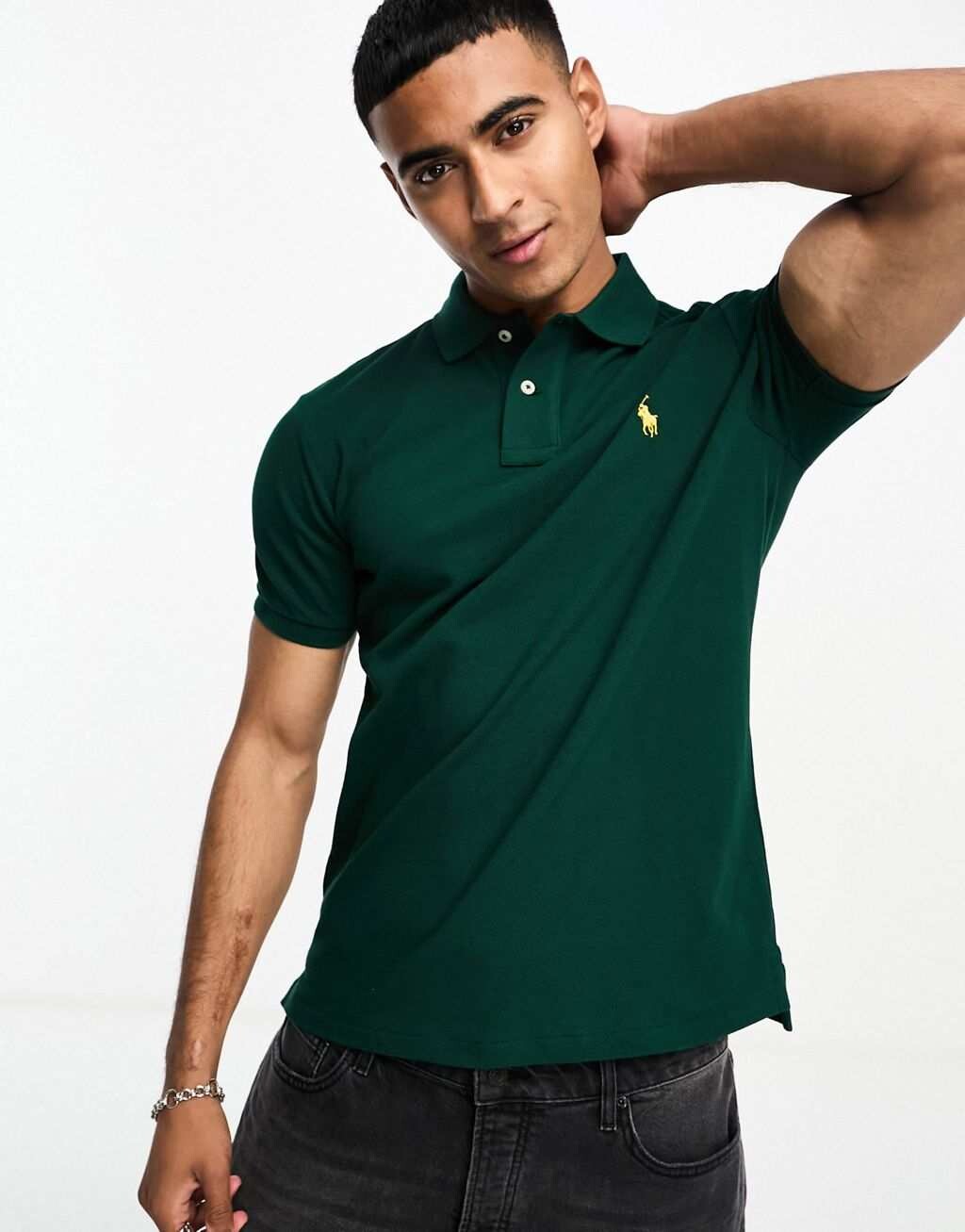 

Темно-зеленое узкое поло из пике с логотипом Polo Ralph Lauren