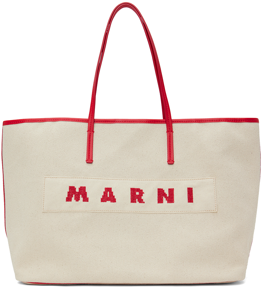Маленькая двусторонняя сумка-тоут для покупок Janus бежевого и красного цвета Marni