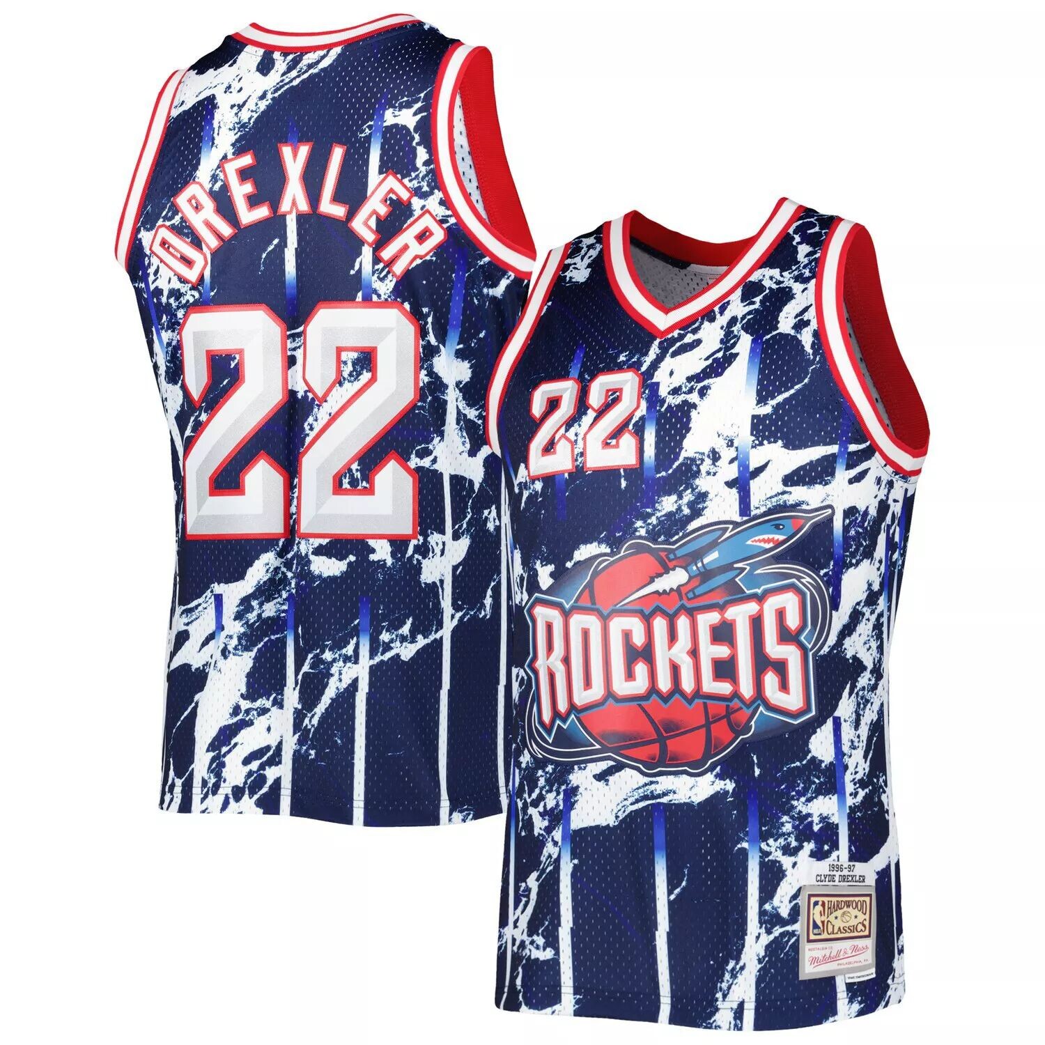 

Мужская майка Mitchell & Ness Clyde Drexler Navy Houston Rockets 1996-97 Hardwood Classics Marble Swingman