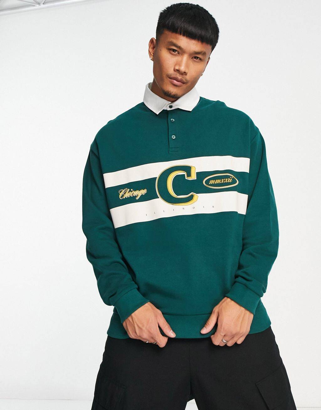 

Зеленый свитшот в стиле регби ASOS DESIGN с текстовым принтом