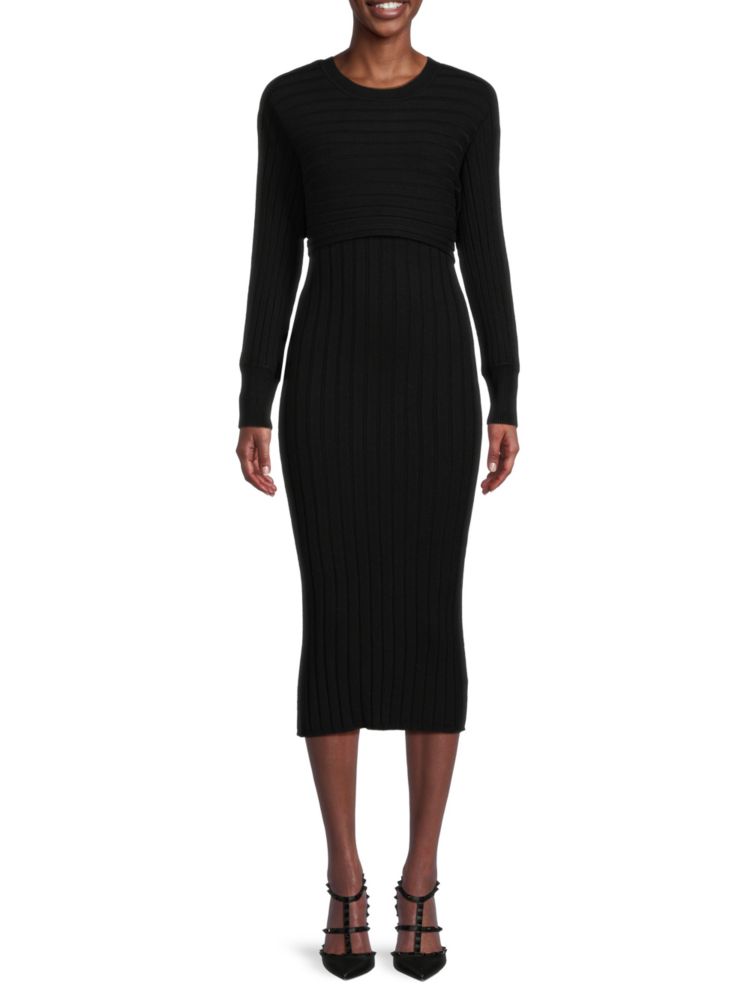 Платье-свитер миди в рубчик с накладным слоем Stitchdrop, черный