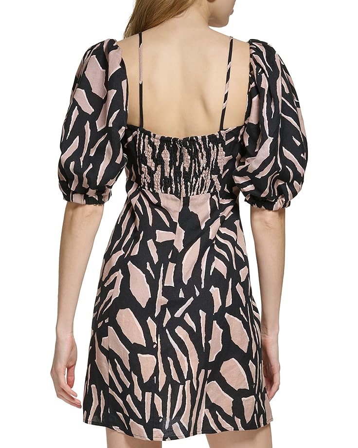 Платье DKNY Short Sleeve Printed Linen Shoulder Strap Midi Dress, цвет Black/Cafe Au Lait Multi