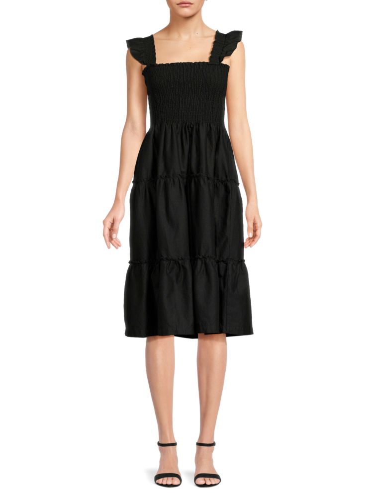 Многоярусное платье из смесового льна со сборками Saks Fifth Avenue, черный