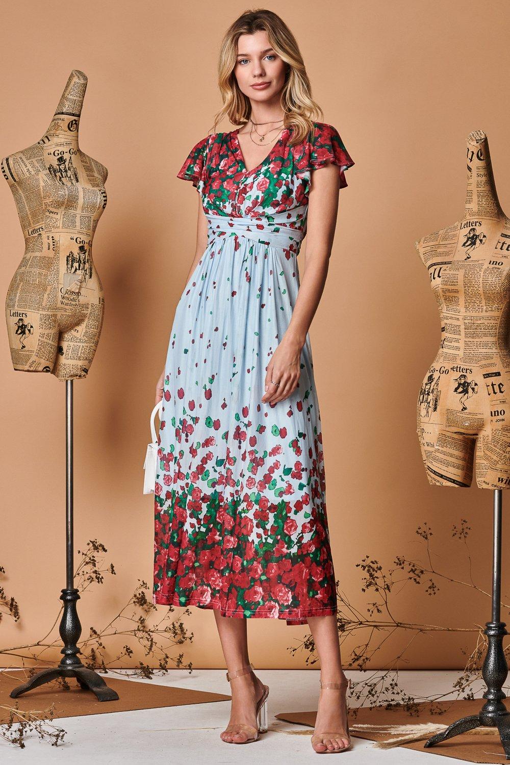 Платье макси из сетки с симметричным цветочным принтом Jolie Moi, синий женское шифоновое платье с коротким рукавом элегантное милое праздничное платье макси с цветочным принтом и v образным вырезом летнее мод