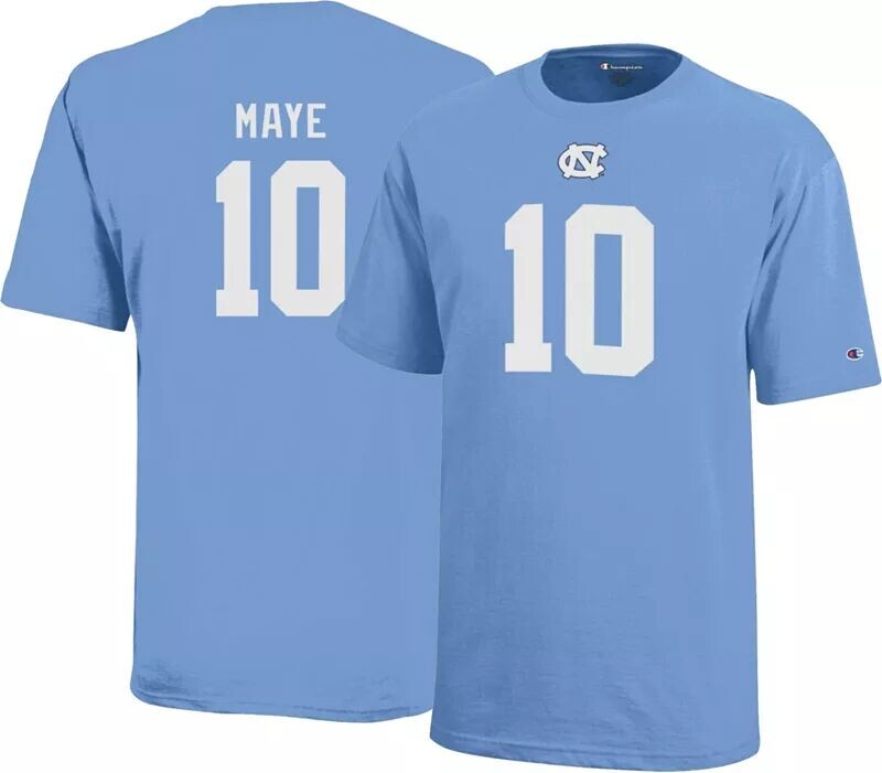 

Champion Северной Каролины Tar Heels Drake Maye # 10 Футболка Каролины, синяя