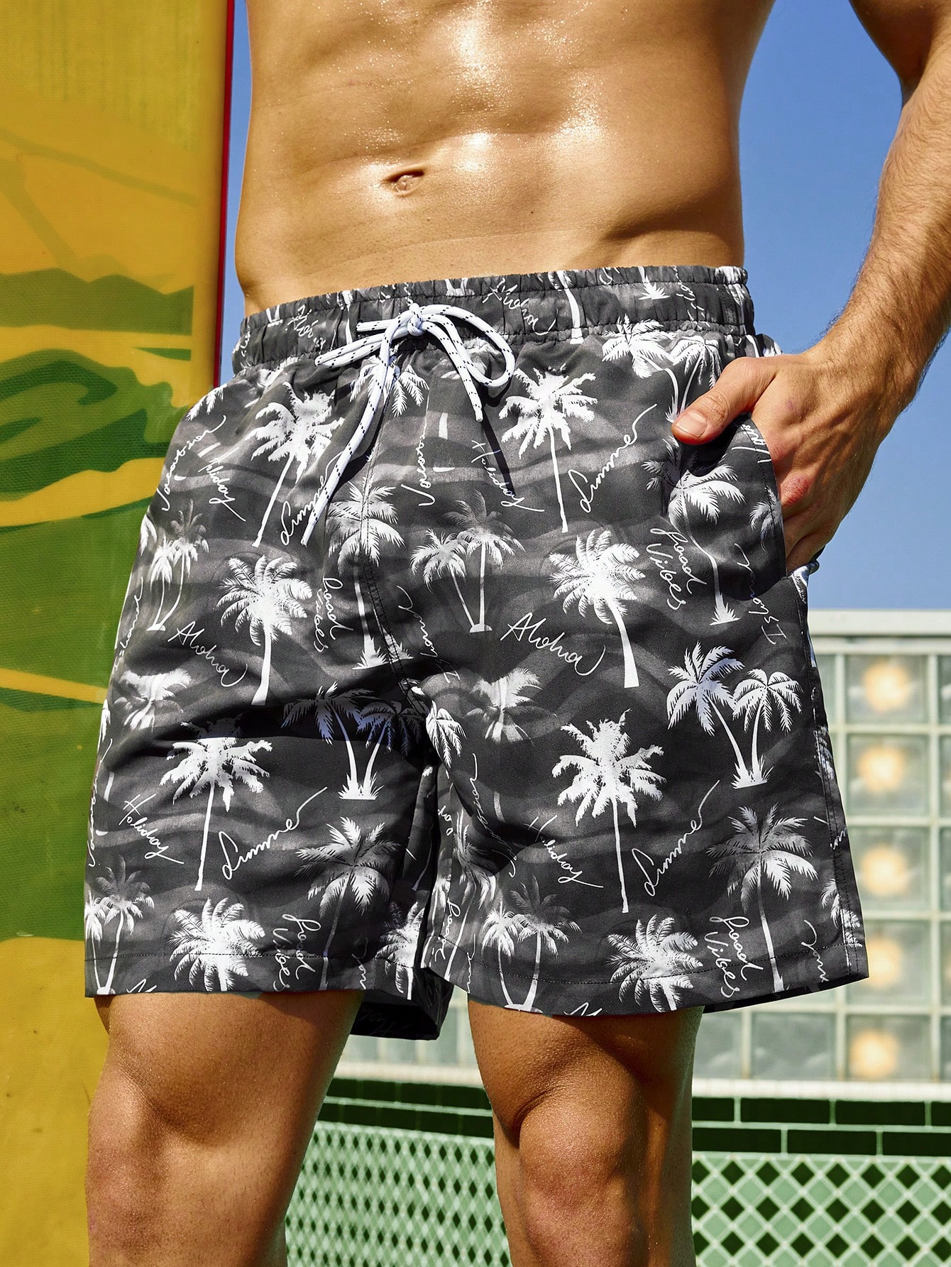 Мужские пляжные шорты с принтом пальм и завязками на талии, многоцветный