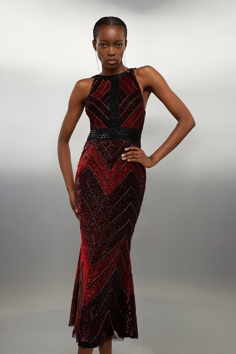 Тканое платье мидакси премиум-класса, расшитое бисером Karen Millen, красный цена и фото