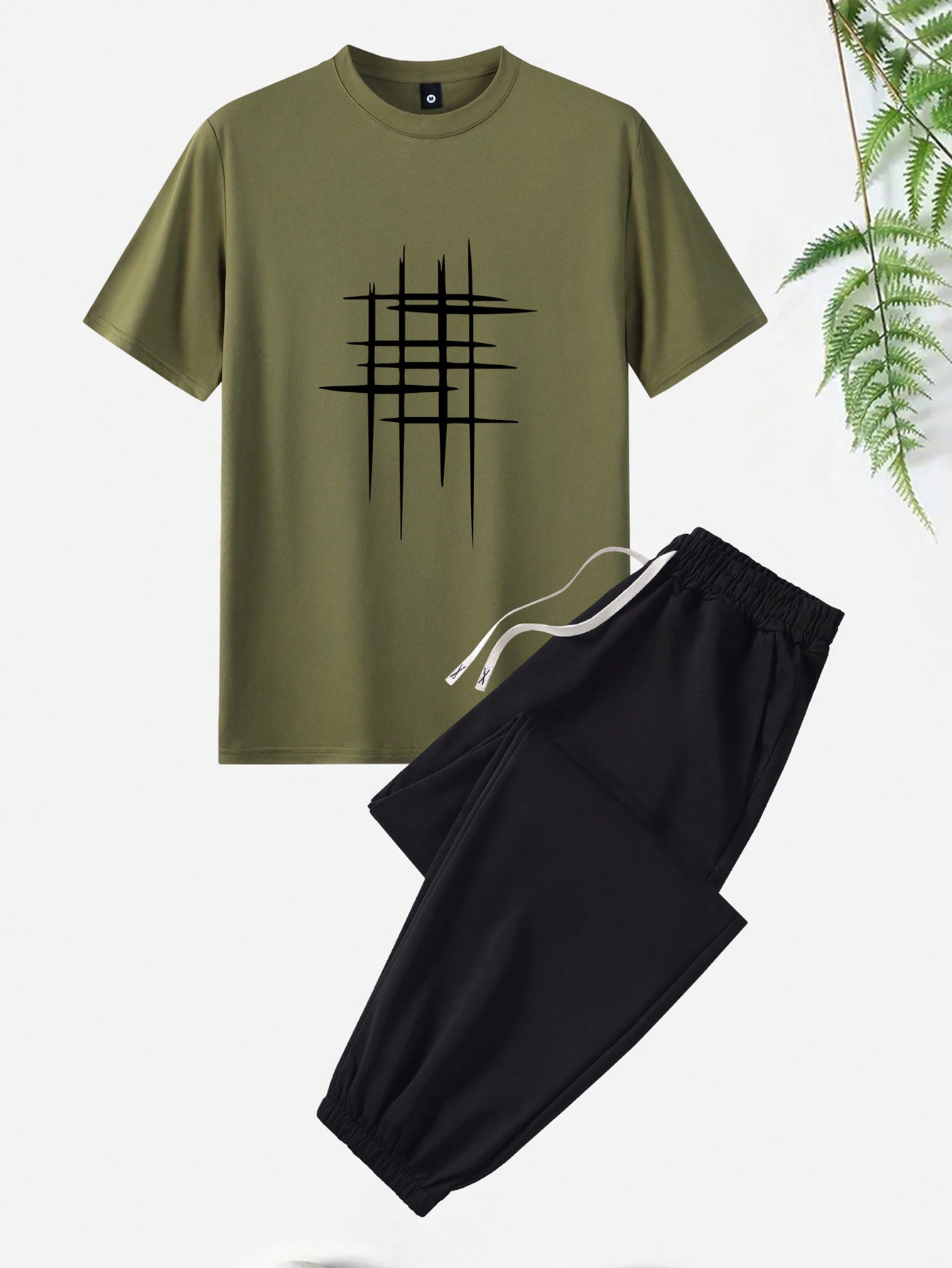 Мужская футболка стандартного кроя с короткими рукавами и брюки с геометрическим принтом, армейский зеленый