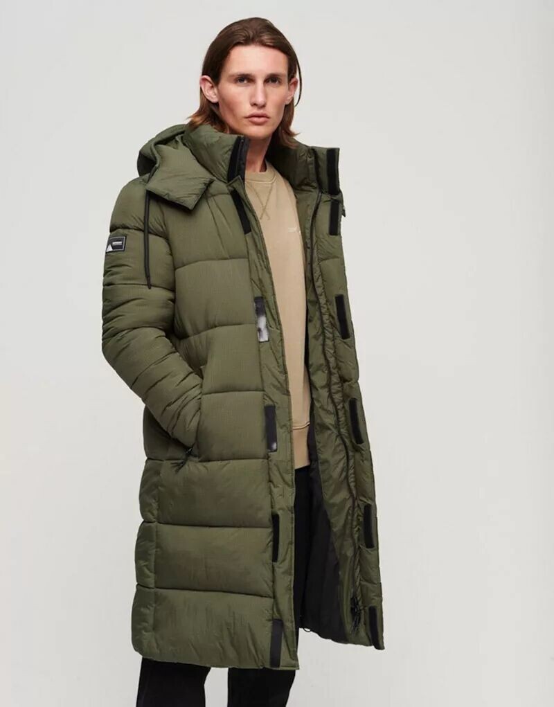 

Удлиненная куртка-пуховик в рубчик Superdry с узором в решетку темно-зеленого цвета мха