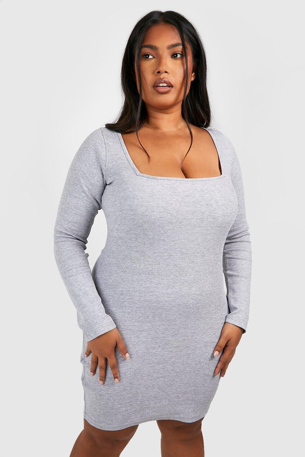 

Мини-платье с квадратным вырезом в ребку plus Boohoo, серый