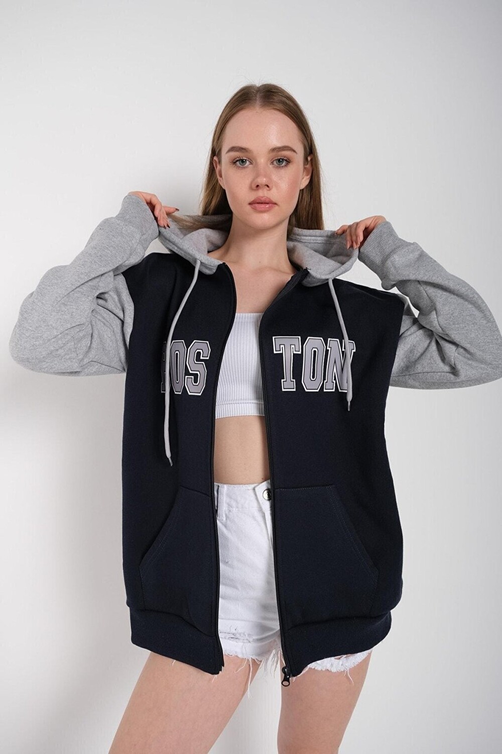 

Женский темно-синий кардиган на молнии Boston Sweat T7 Trendseninle