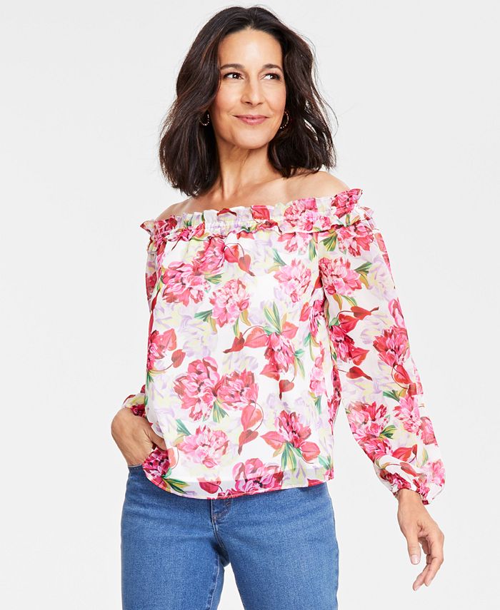 цена Женская блузка с открытыми плечами и длинными рукавами I.N.C. International Concepts, белый