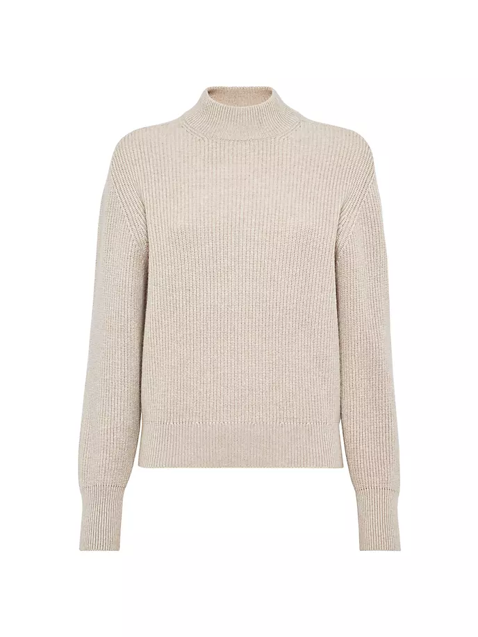 

Кашемировый свитер в рубчик с воротником-стойкой и монили Brunello Cucinelli, цвет cool beige