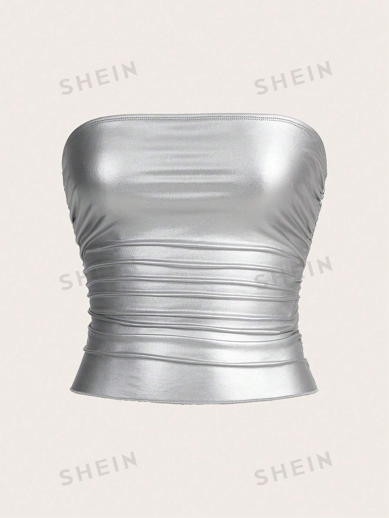 SHEIN Coolane - женский однотонный плиссированный топ без бретелек, серебро