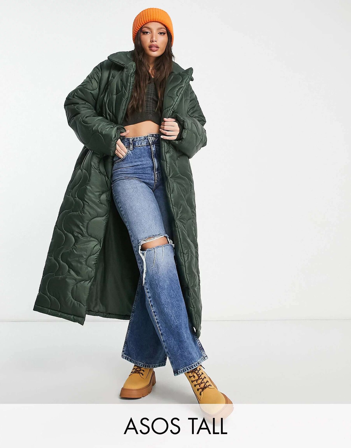 

Пуховик макси с завитками ASOS DESIGN Tall цвета хаки