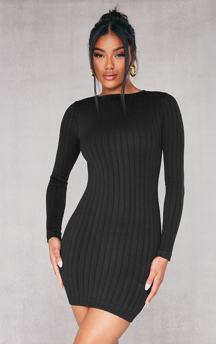 PrettyLittleThing Черное структурированное облегающее платье в рубчик с длинными рукавами