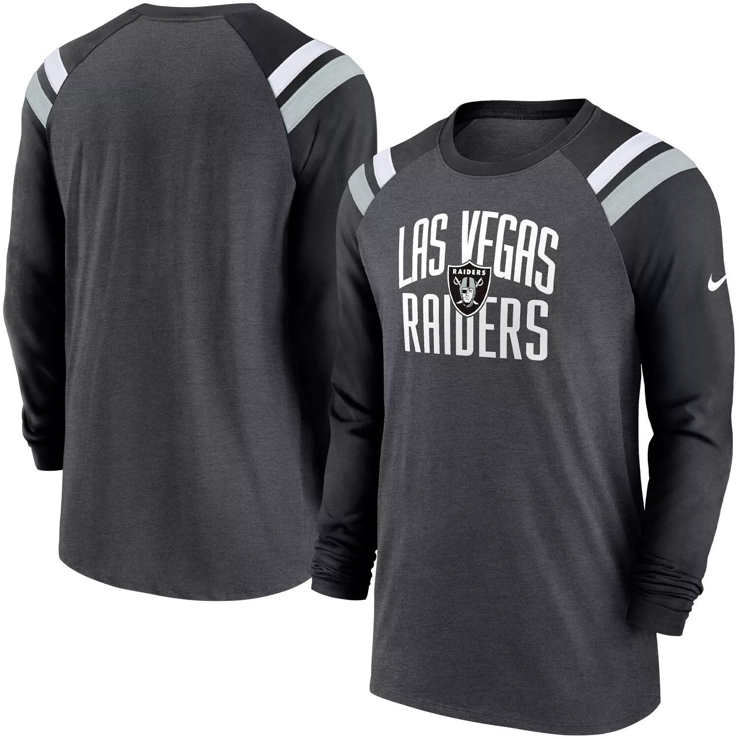 мужская серебристо черная футболка las vegas raiders throwback league с длинными рукавами и регланами tri blend starter мульти Мужская темно-серая/черная модная спортивная футболка Las Vegas Raiders Tri-Blend реглан с длинными рукавами Nike