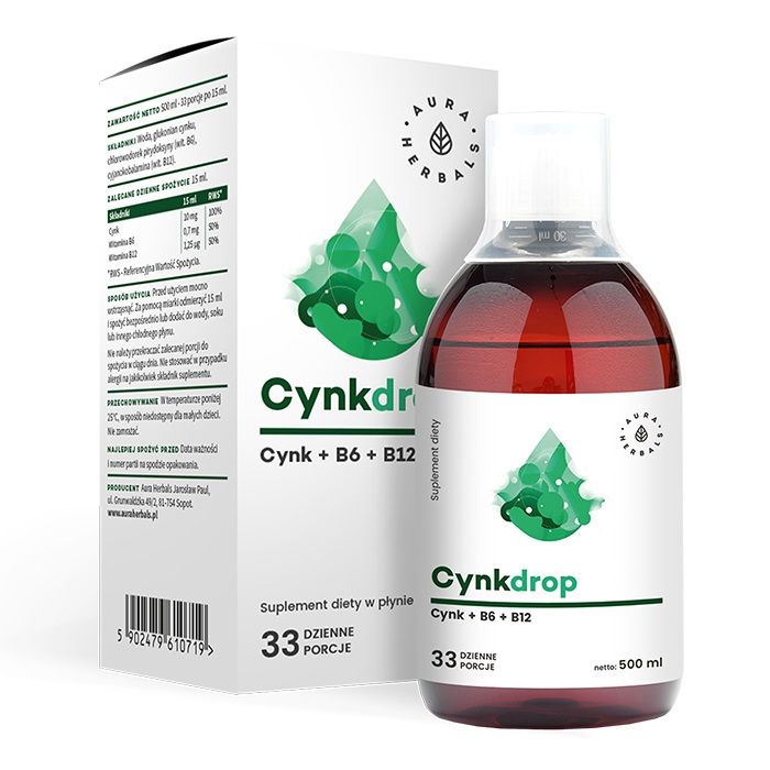 Препарат, содержащий цинк, витамины В6 и В12 Aura Herbals Cynkdrop + B6 + B12 Płyn, 500 мл цена и фото