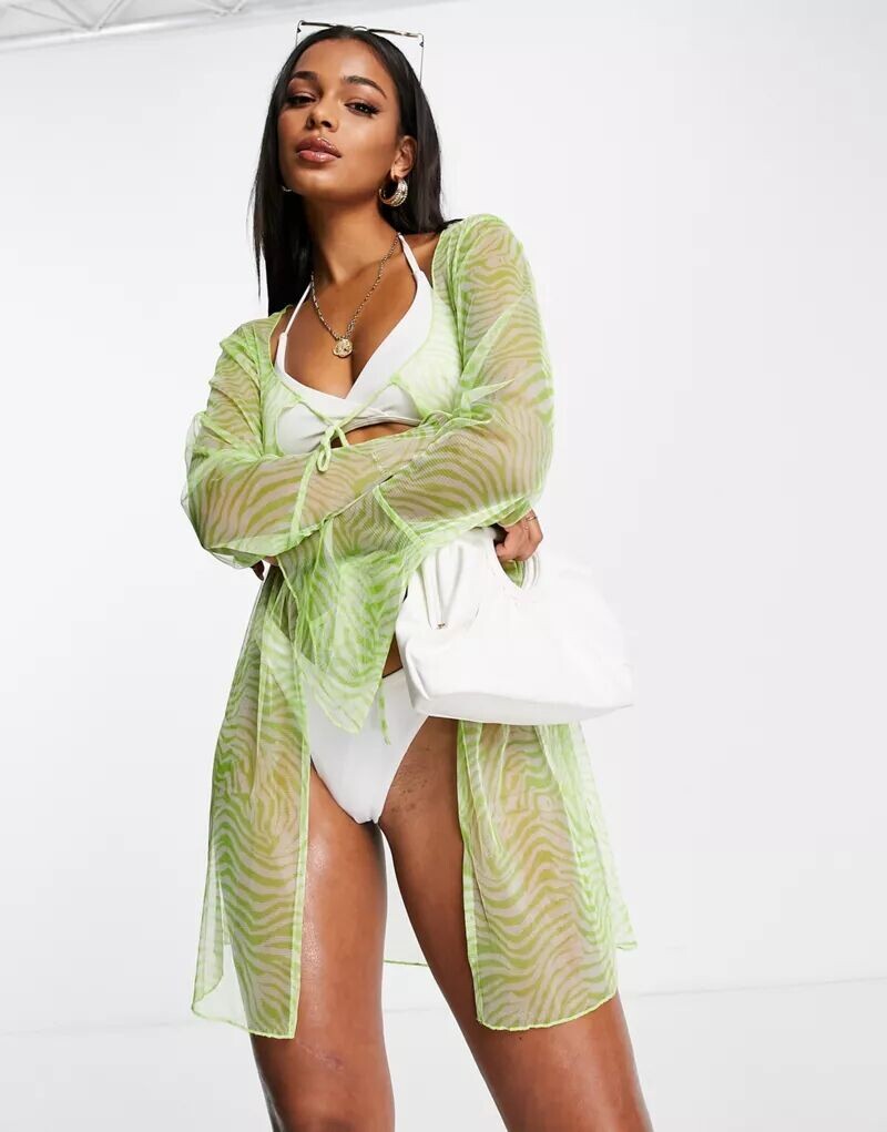 

Пляжное пляжное кимоно с неоновой зеброй и завязками спереди ASOS