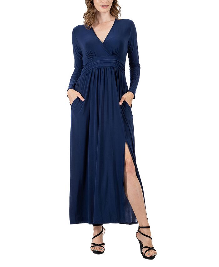 Женское платье макси с V-образным вырезом и длинным рукавом с боковым разрезом 24seven Comfort Apparel, синий плюс размер 24seven comfort apparel удобная макси юбка с откидным поясом 24seven comfort apparel темно синий