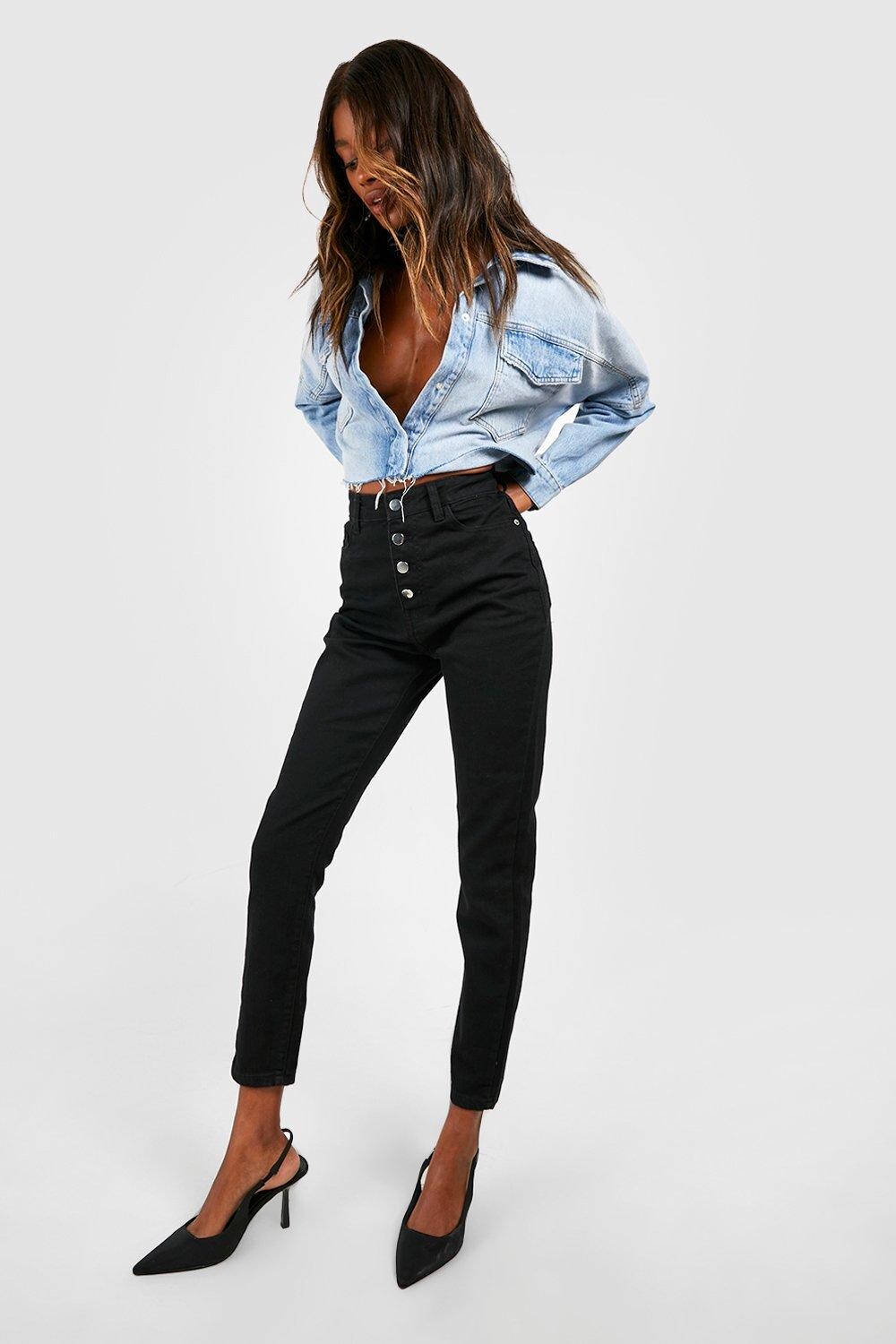 

Джинсы скинни с высокой посадкой и открытыми пуговиками basics Boohoo, черный