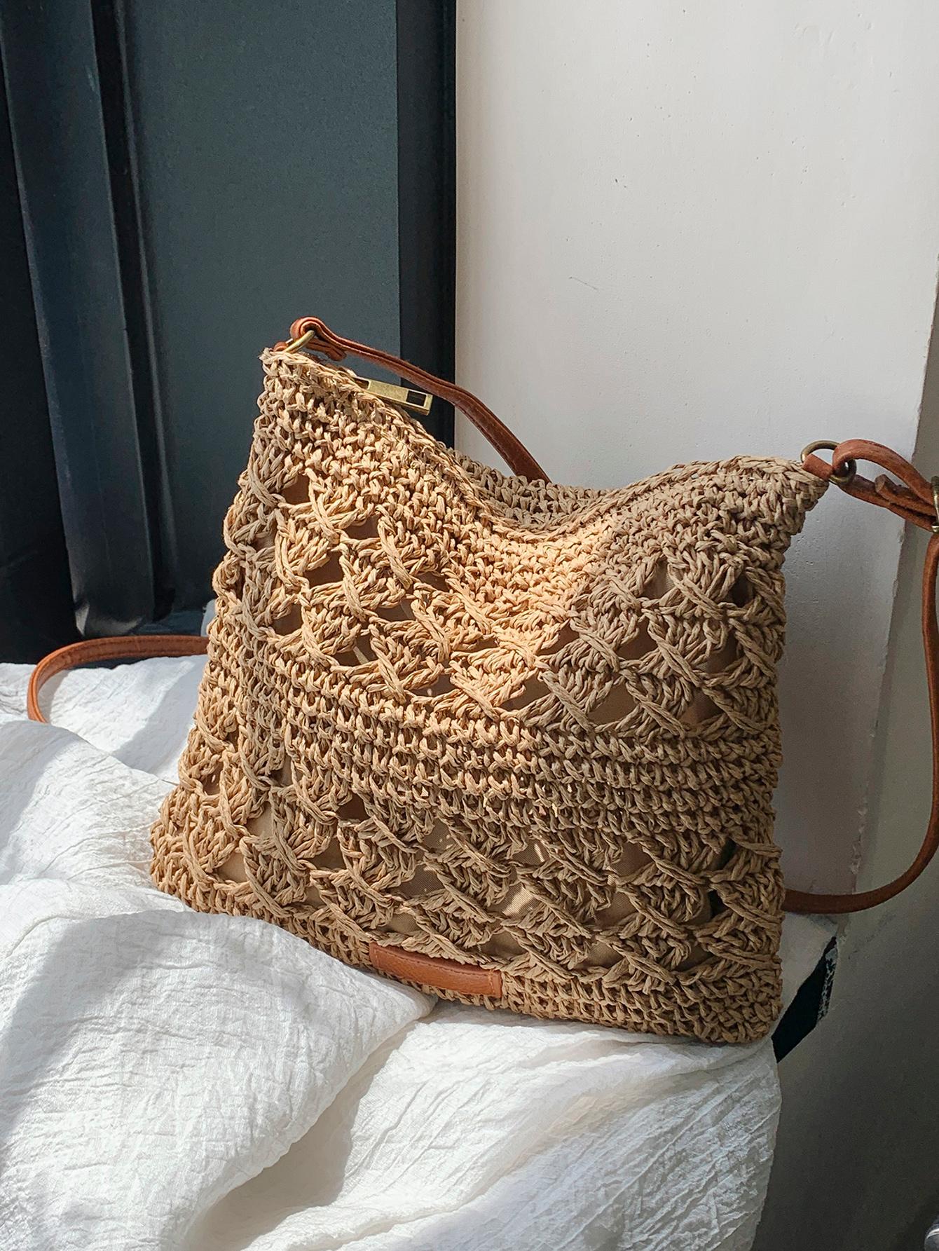 Соломенная сумка с нашивкой-декором, маленькая на молнии, отпуск, хаки