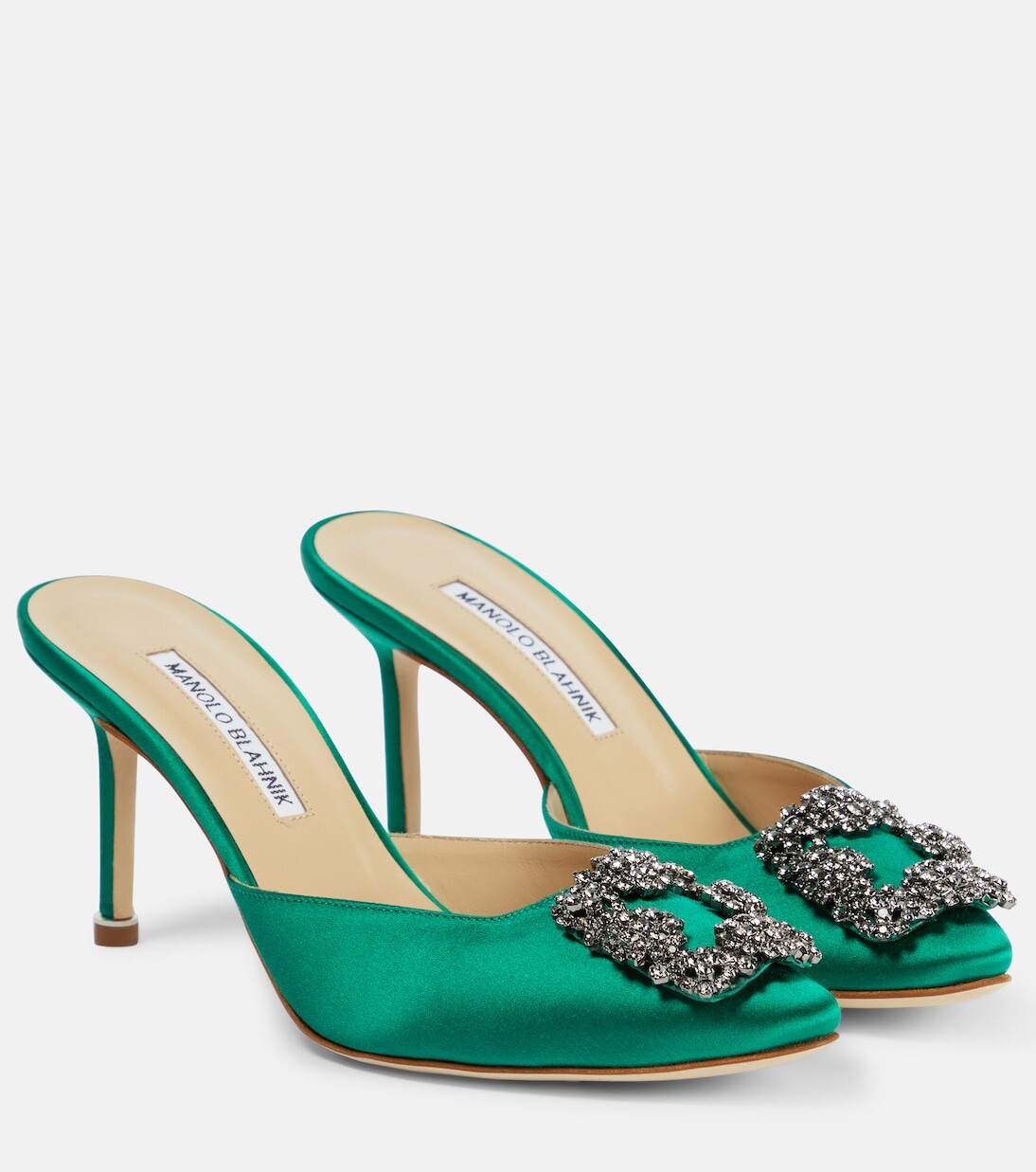 

Атласные туфли-мофели hangisimu 70 с декором Manolo Blahnik, зеленый