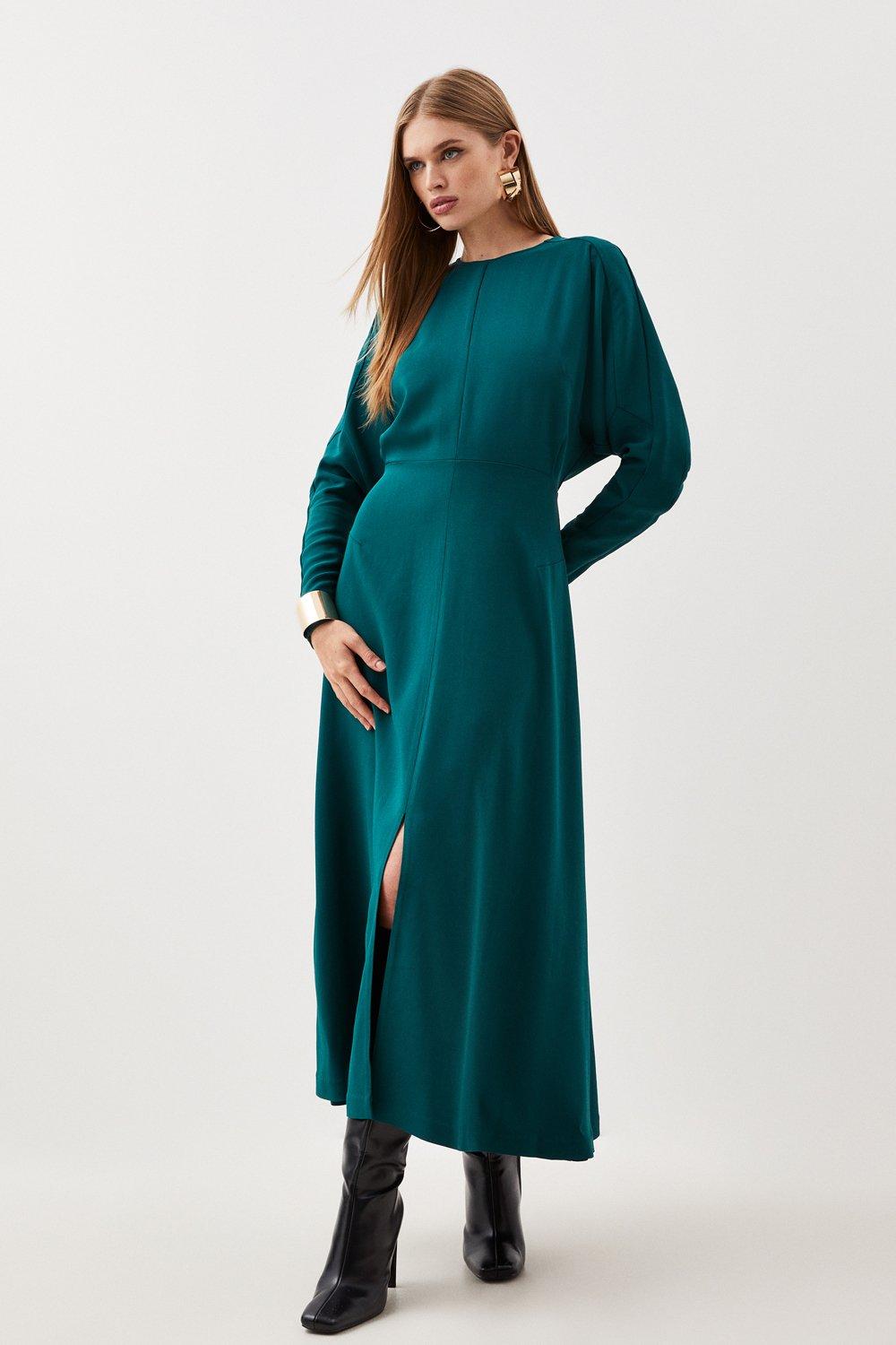 Платье миди из вискозного крепа Petite Premium с длинными рукавами Karen Millen, зеленый