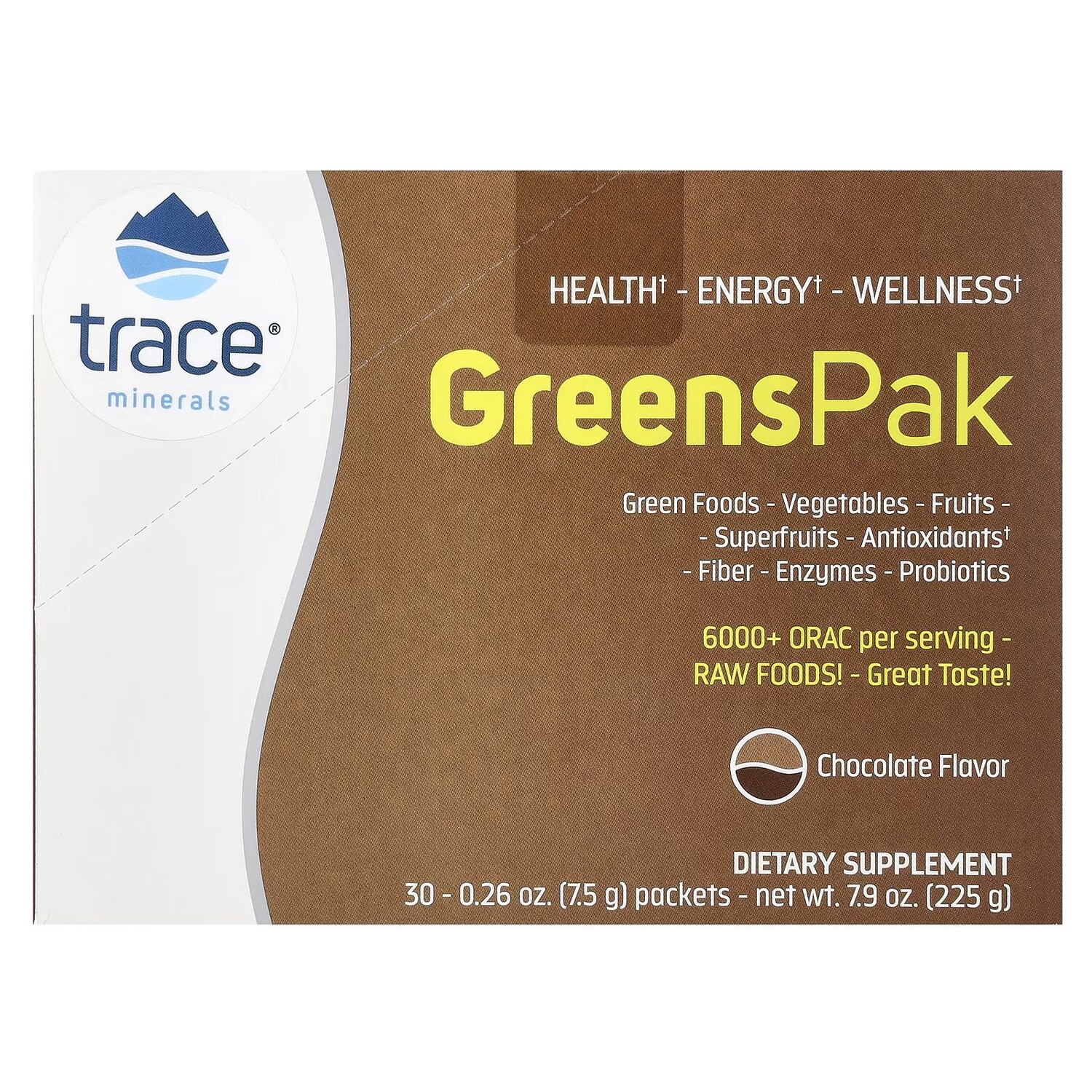 

Greens Pak, шоколад, 30 пакетов по 0,26 унции (7,5 г) каждый Trace Minerals