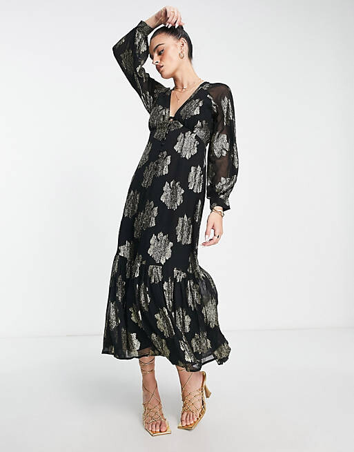 

Черное чайное платье макси с металлизированной пуговицей ASOS DESIGN, Черный