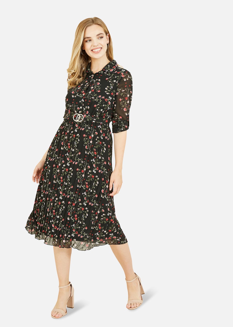 цена Mela Черное платье миди со складками и цветочным принтом Apple