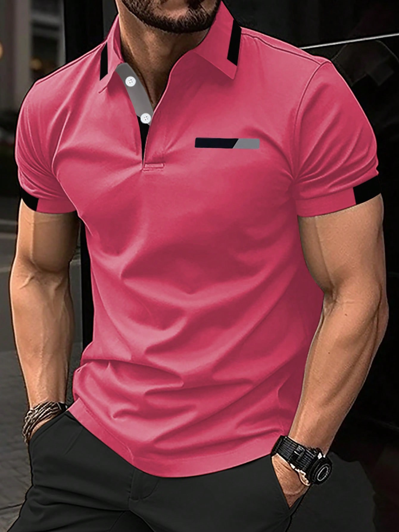 Мужская рубашка поло с короткими рукавами Manfinity с цветными блоками, ярко-розовый