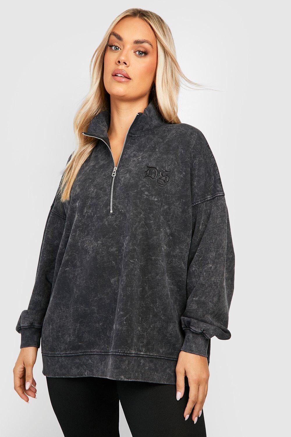 

Свитер на половине молнии с вышивкой plus acid wash Boohoo, угольный