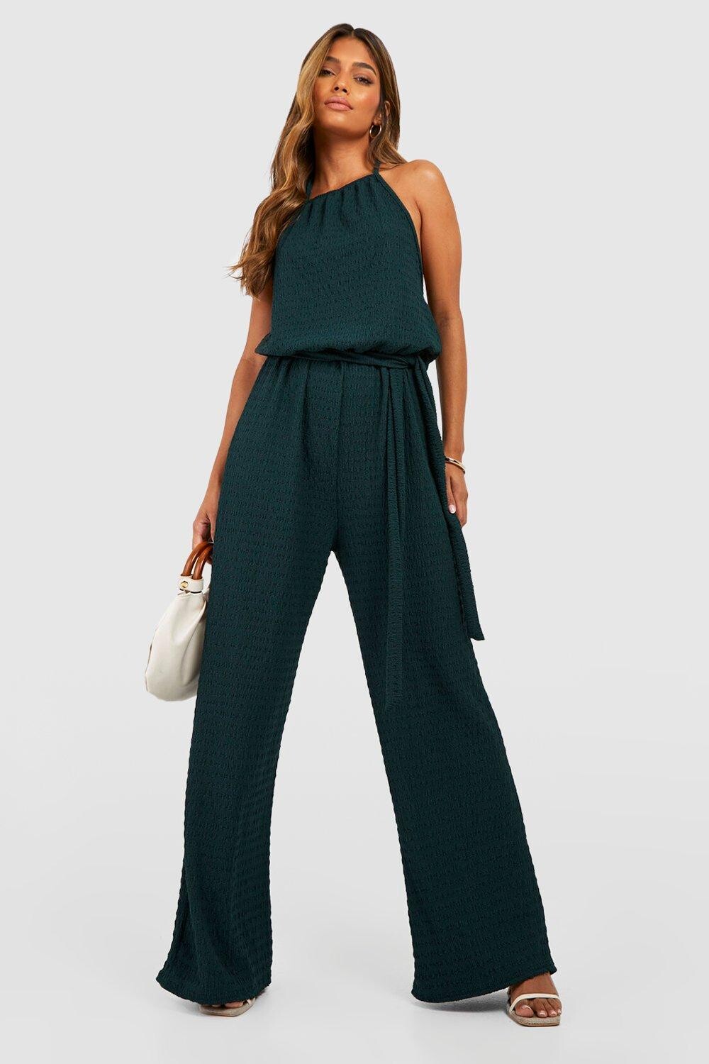 

Комбинезон с поясом и широким ноги текстурированного хэлтера Boohoo, хаки